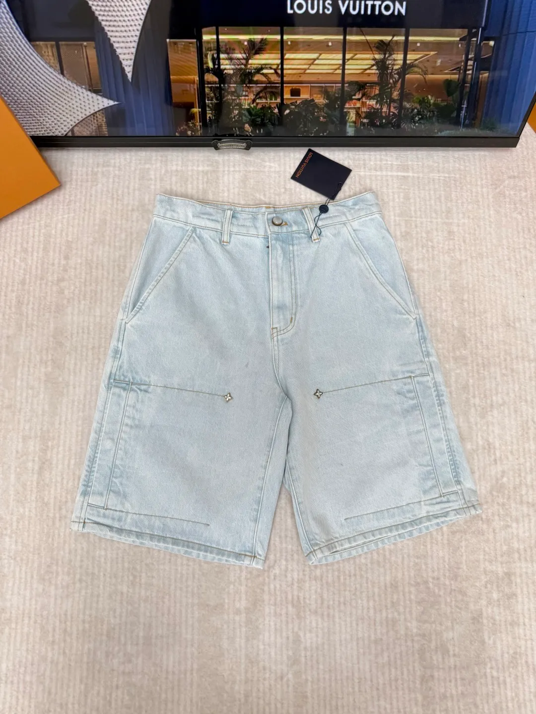 LV Signature Embroidered Denim Workwear Shorts